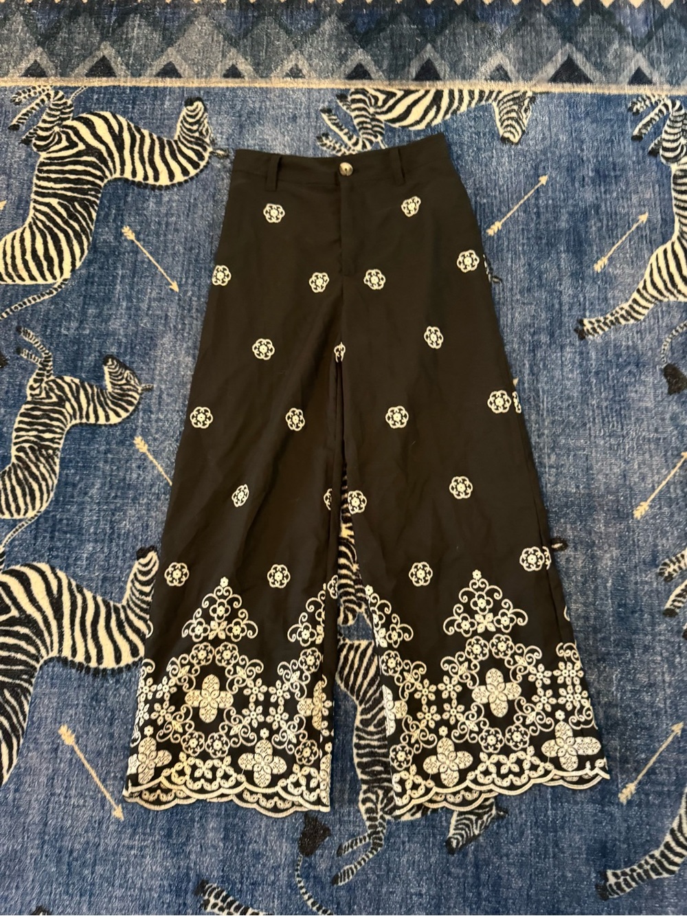 Calliope Black Wide-Leg Embroidered Border Pants